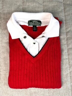 Ralph Lauren Active Red Cable Knit  V-Neck Pull Over Sweater White Polo Collar S